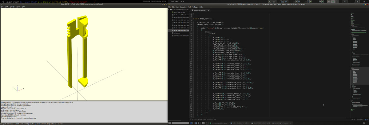 OpenSCAD Screenshot - Rendering of a part of the ADSB-1090 Antenna Combo Model and the related code in the Editor (Atom)